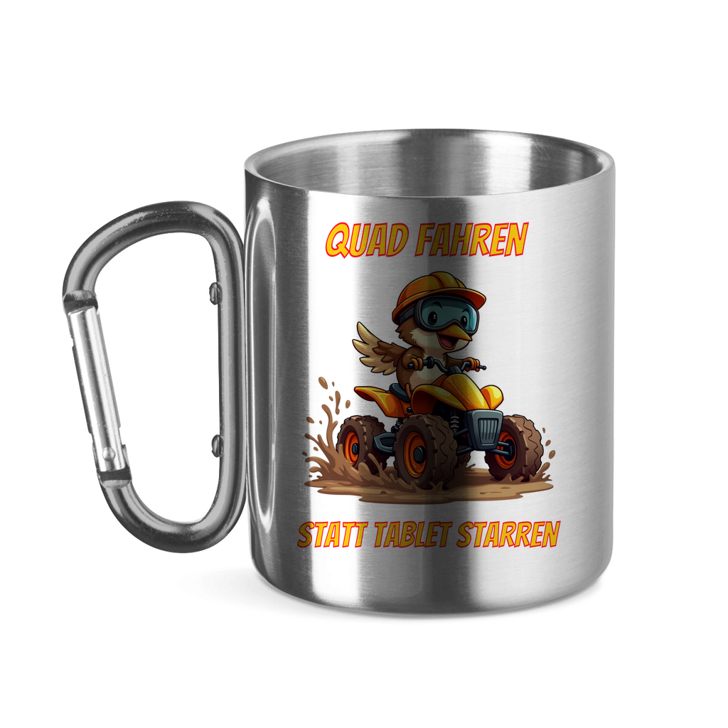 Edelstahltasse mit Karabinergriff Quad fahren statt Tablet starren