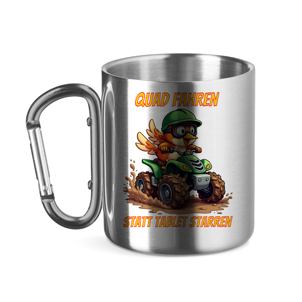 Stainless steel cup with carabiner handle Quad riding instead of staring at the tablet